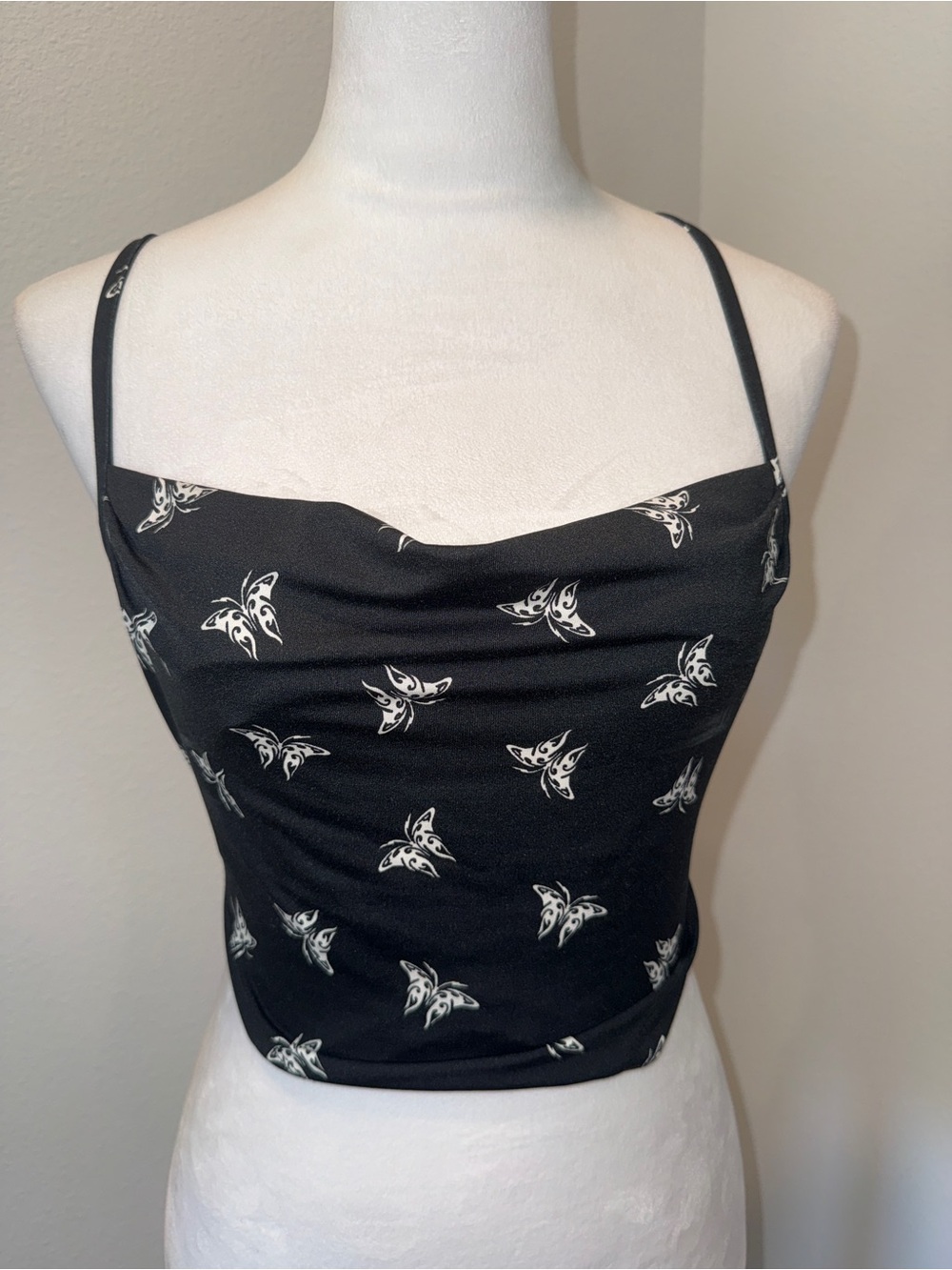 H&M Black Butterfly Print Cowl Neck Women's Tank Top